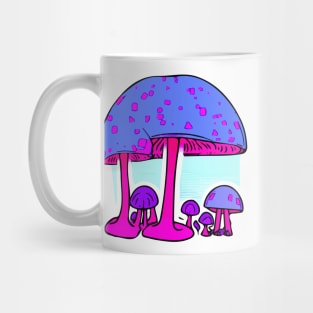 A colourful illustration of a group of spotted mushrooms Mug